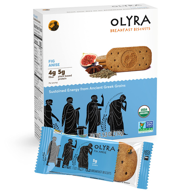 Olyra Organic Breakfast Biscuits Fig Anise | Healthy Snacks, Low Sugar, High Fiber, Plant Based Protein Cookies (1 Box of 4 Packs)