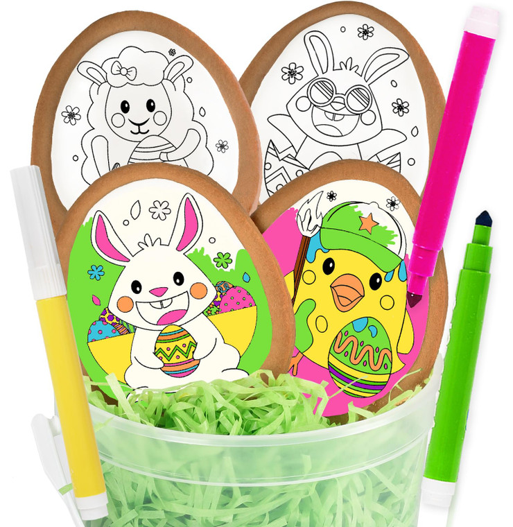Easter Cookie Decorating Kit Bunny Eggs Basket Gift For Kids Activity | 4 Jumbo Egg Coloring Cookies + 3 Edible Markers | Coloring Arts and Crafts