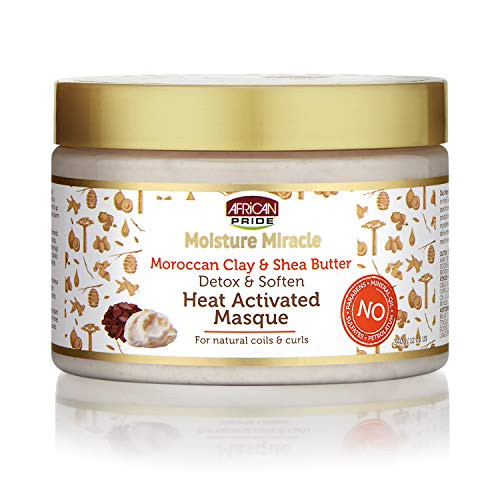 African Pride Moisture Miracle Moroccan Clay & Shea Butter Heat Activated Masque - For Natural Coils & Curls, Detoxes & Softens, Removes Impurities &