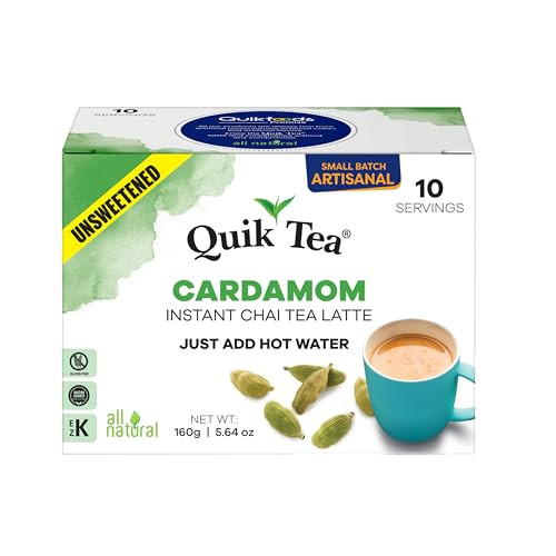 QuikTea Cardamom Unsweetened Chai Tea Latte  10 Count, Bold Cardamom Flavor, Naturally Caffeine-Light, no preservatives, No Sugar Added  Just Add H