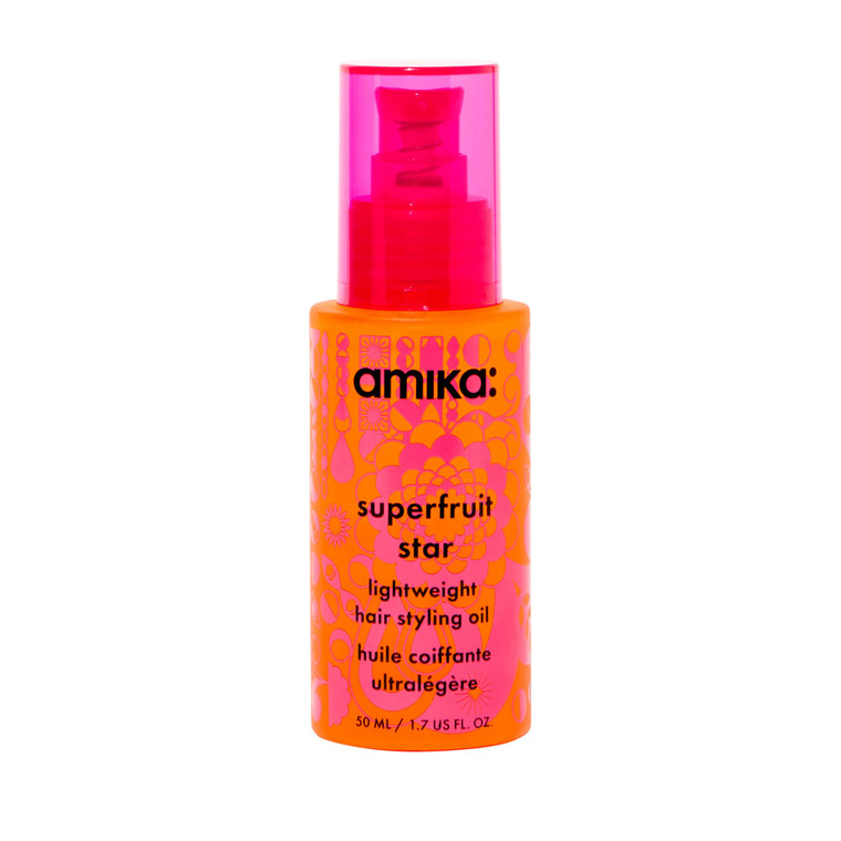 amika superfruit star lightweight hair styling + heat defense oil, 1.7oz | heat protection, strengthen + reduce breakage, smooth frizz, add glossy sh