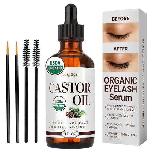 BodyJ4You Organic Castor Oil for Hair Growth: Natural Eyelashes Serum for Lashes and Eyebrows - Glass Bottle 1 Fl Oz