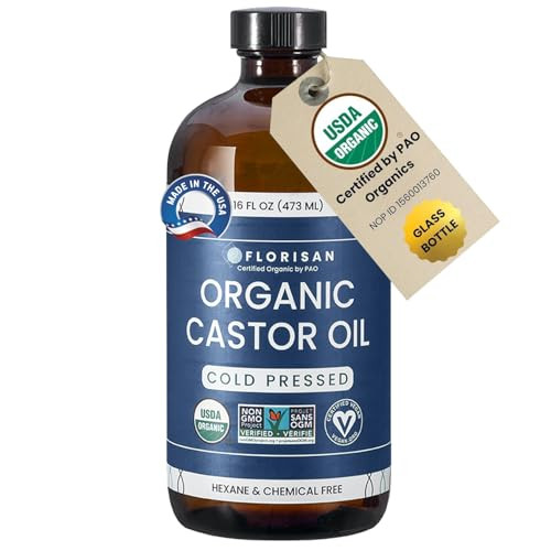 Florisan Organic Castor Oil 16oz Glass Bottle, Cold Pressed, Hexane-Free, Non-GMO, 100% Pure Castor Oil for Hair Growth, Skin, Lashes, Eyebrows, EWG