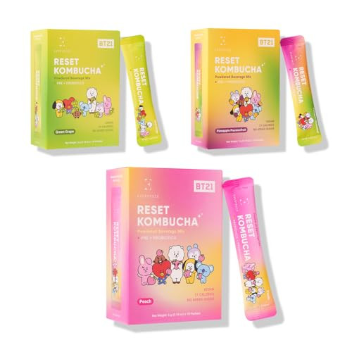 EVERYDAZE BT21 Reset Kombucha Tea Powdered Beverage Mix | 30 Variety Pack | Pineapple Passion Fruit, Peach, Green Grape | Vegan | Prebiotics + Probio