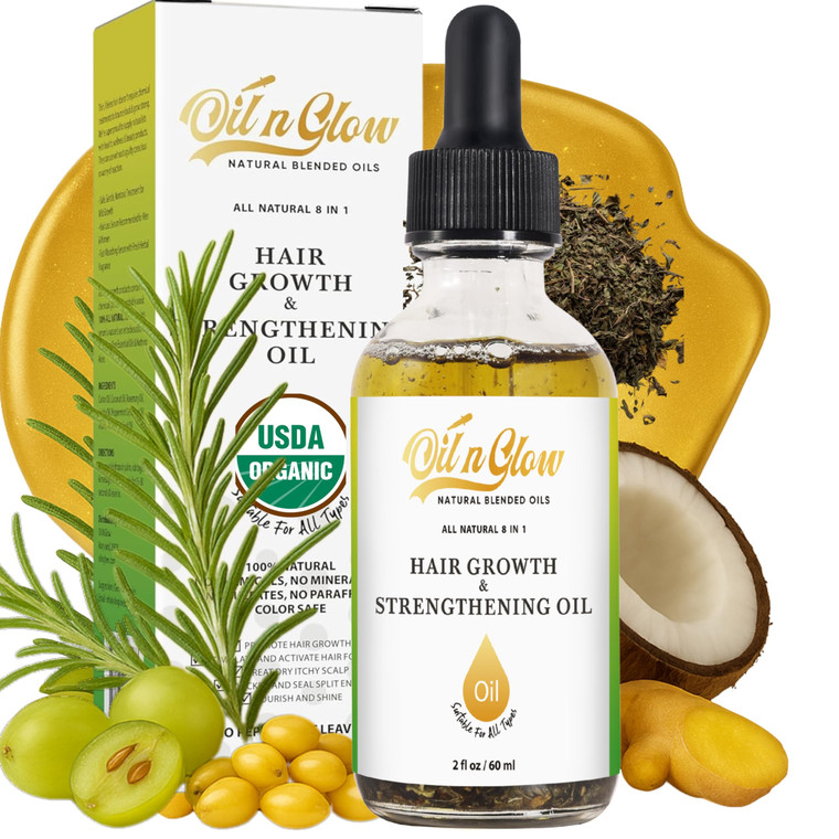 OilnGlow USDA Certified Organic 9 in 1 Natural Hair Growth Serum & Strengthening Oil with Rosemary, Castor, 100% Vegan Jojoba, Coconut, Grape Seed, G