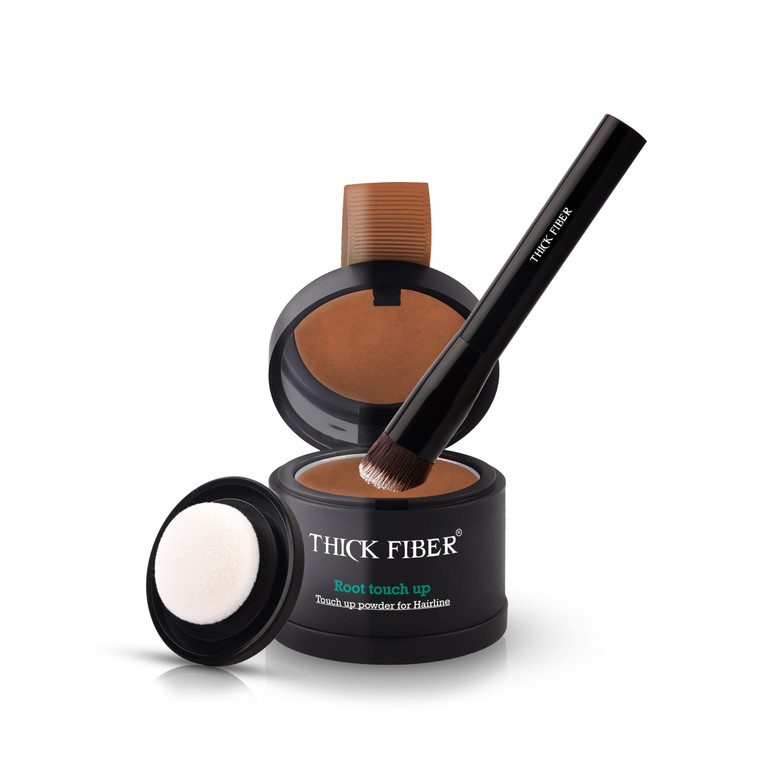THICK FIBER Root Touch Up Set - Hairline Concealer for Thin and Thinning Hair, Water & Sweat Resistant, with Brush (Medium Golden Brown)