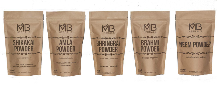 MB Herbals Hair Care Powders COMBO Pack | Shikakai | Neem | Brahmi | Amla | Bhringaraj | Powders | 100 Grams Each | For Hair Pack | External Use Only