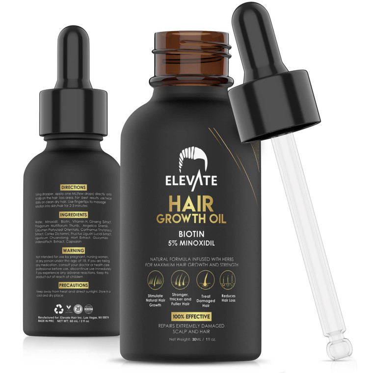 Elevate Hair Regrowth Treatment 5% Minoxidil Solution - Biotin Serum Hair Growth Oil for Men & Women - Thicker Fuller Stronger Hair - Stops Hair Loss
