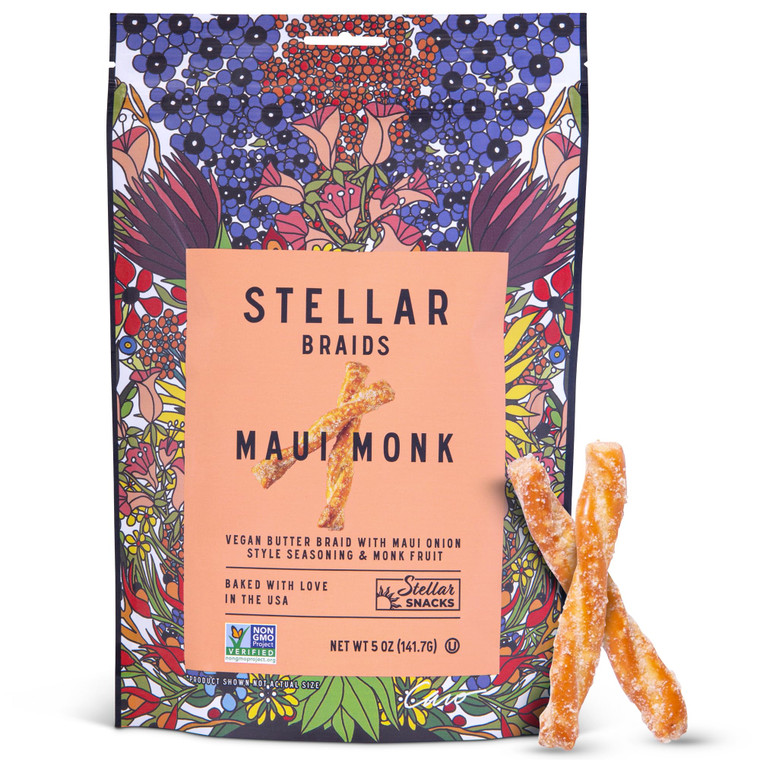 Stellar Snacks Pretzel Braids, Maui Monk Sweet Onion, 5 Oz (Pack of 6), Gourmet Pretzel Sticks, Vegan, Kosher, Non GMO, Peanut Free, Healthy Snack