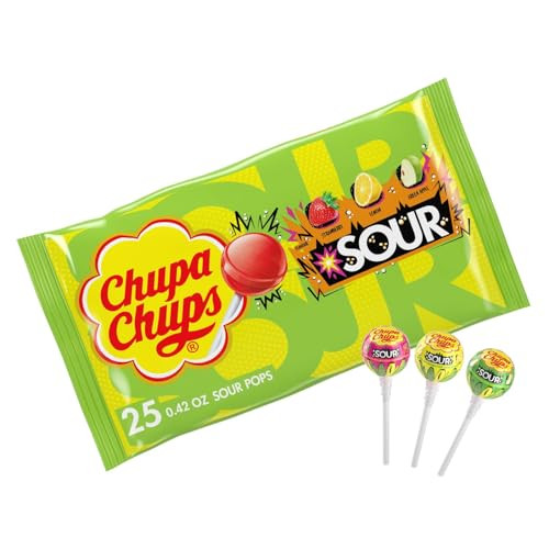 Chupa Chups SOUR Lollipops, Variety Pack, Lemon, Strawbery & Apple Flavored, Individually Wrapped Bulk Sour Candy Suckers for Adults & Kids, Bag of 2