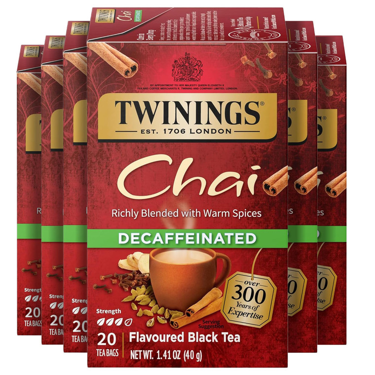 Twinings Decaffeinated Chai Individually Wrapped Bags, 20 Count (Pack of 6), Sweet, Savoury Spices, Enjoy Hot or Iced, 120 Teabags