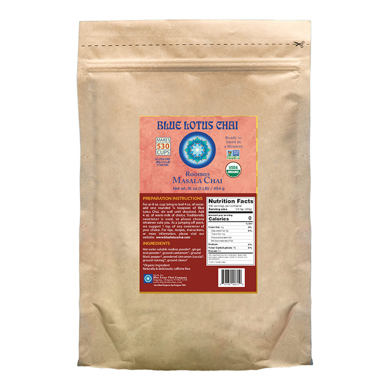 Blue Lotus Chai - Rooibos Masala Chai - Makes 530 Cups - 1 Pound Bulk Bag Masala Spiced Chai Powder with Organic Spices - Instant Indian Tea No Steep