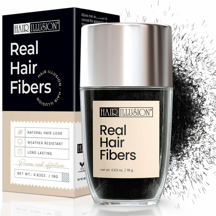Hair Illusion Black Real Hair Fibers for Thinning Hair - 100% Natural Texture, Non Synthetic Hair Fibers - Bald Spot Cover Up for Women & Men - 18 Gr