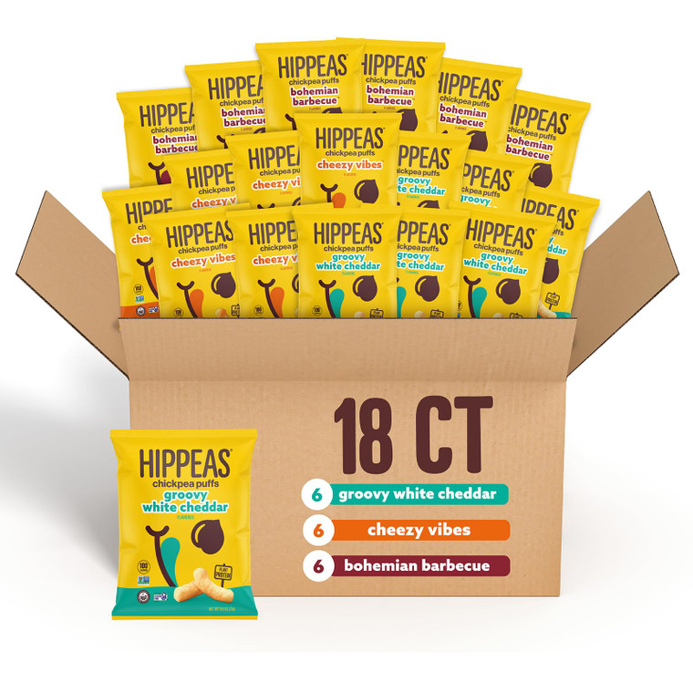 Hippeas Chickpea Puffs, Variety Pack: Vegan White Cheddar, Nacho Vibes, Barbecue, Sriracha, 0.8 Ounce (Pack of 18), 3g Protein, 2g Fiber, Vegan, Glut