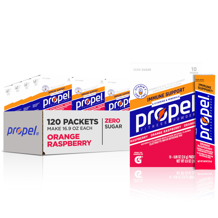 Propel Immune Support Electrolyte Enhanced Water Drink Mix Powder Packets, Orange Raspberry, 100% DV Vitamin C, Good source of Zinc, Zero Sugar Hydra