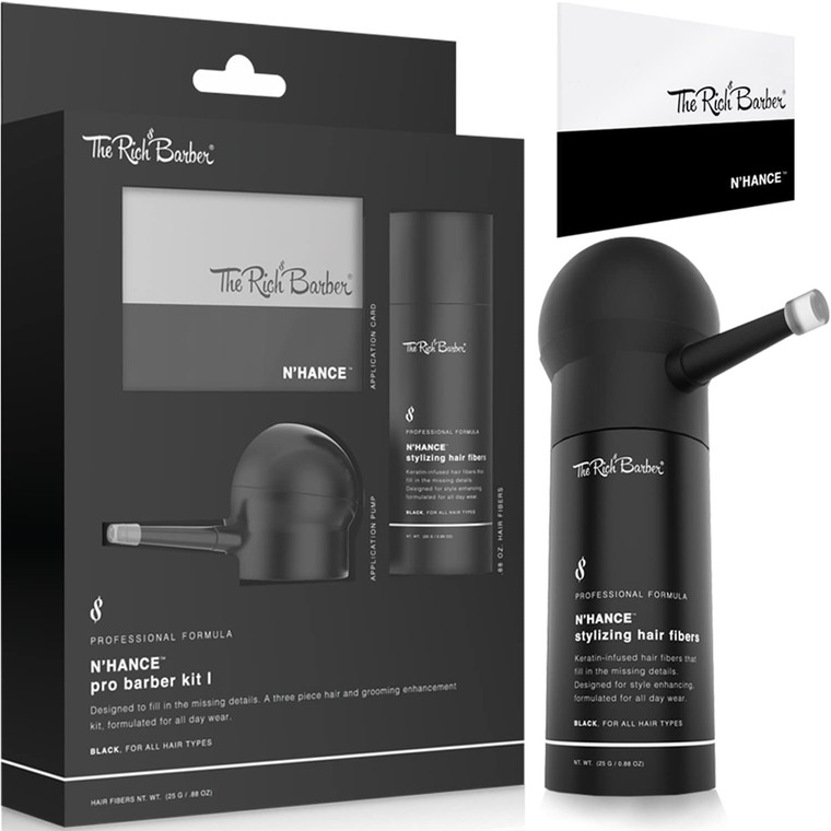 The Rich Barber N'Hance Pro Barber Kit I - Professional 3-in-1 Hair & Beard Styling Set - Keratin-Infused Hair Building Fibers, Applicator Pump, Appl