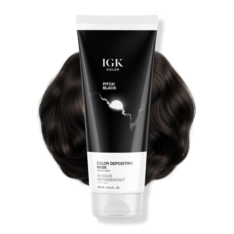 IGK Color Depositing Mask PITCH BLACK - Smoky Gray | Conditioning + Hydrate + Shine | Vegan + Cruelty Free | 6 Oz