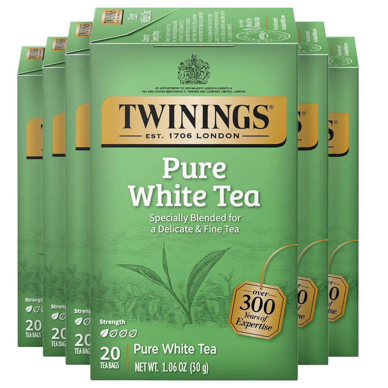 Twinings Pure White Tea Individually Wrapped Bags, 20 Count (Pack of 6), Light & Fresh, Caffeinated, Enjoy Hot or Iced, 120 Teabags