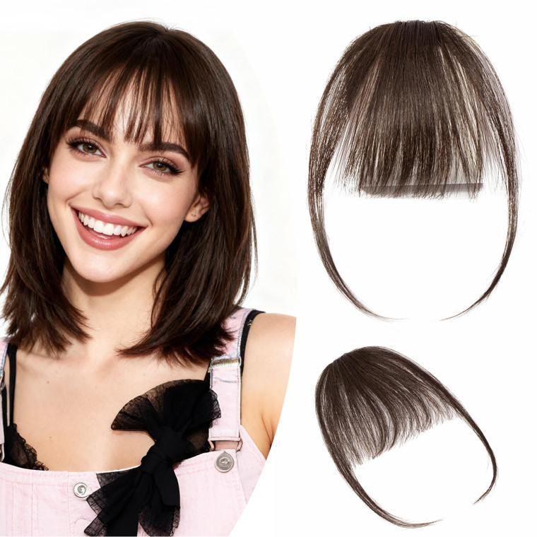 Hairro Clip in Bangs Real Human Hair Thin Wispy Air Bang Hairpiece Two Side With Temples One Piece Fringe for Women Girls #02 Dark Brown
