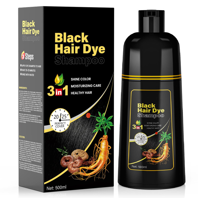 JUANCHI Black Hair Dye Shampoo 3 in1, Black Shampoo Hair Dye for Gray Coverage, Natural Hair Color for Women Men, Herbal Formula, Ammonia-free, Lasts