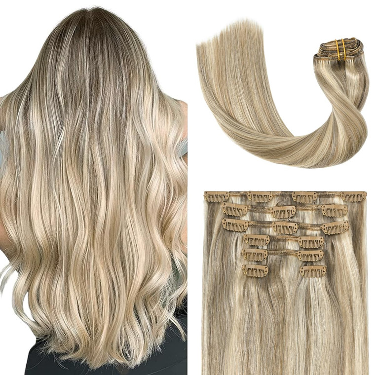 UGOTRAYS Clip in Hair Extensions Real Human Hair - 18 inch 70g Ash Blonde Mixed Bleach Blonde Straight 7pcs Double Weft - 100% Remy Human Hair Extens