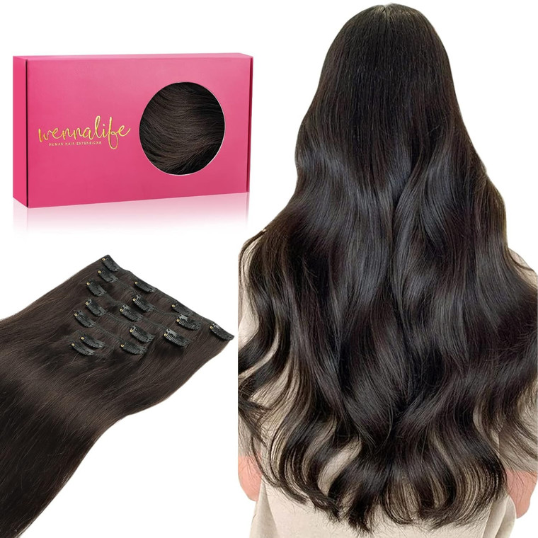 WENNALIFE Clip in Hair Extensions Real Human Hair, 14 Inch 120g 7pcs Dark Brown Hair Extensions Clip In Human Hair Remy Hair Double Weft