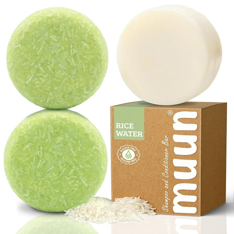 Muun Rice Water Shampoo and Conditioner Bar Pack 3 - Hair Growth, Thickening, Strengthening, Anti Hair Loss, Volumize & pH Balanced - Sulfate & Silic