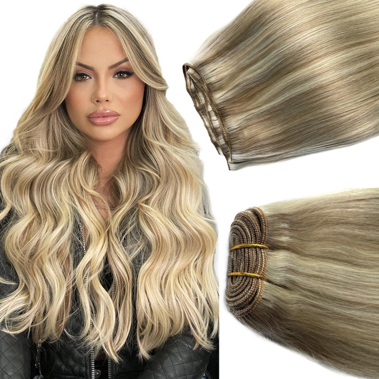 Sew in Hair Extensions Real Human Hair Ash Blonde Balayage Blonde Hand Tied Weft Hair Extensions Human Hair Bundles 14 Inch 80G Sew in Weft Hair Exte