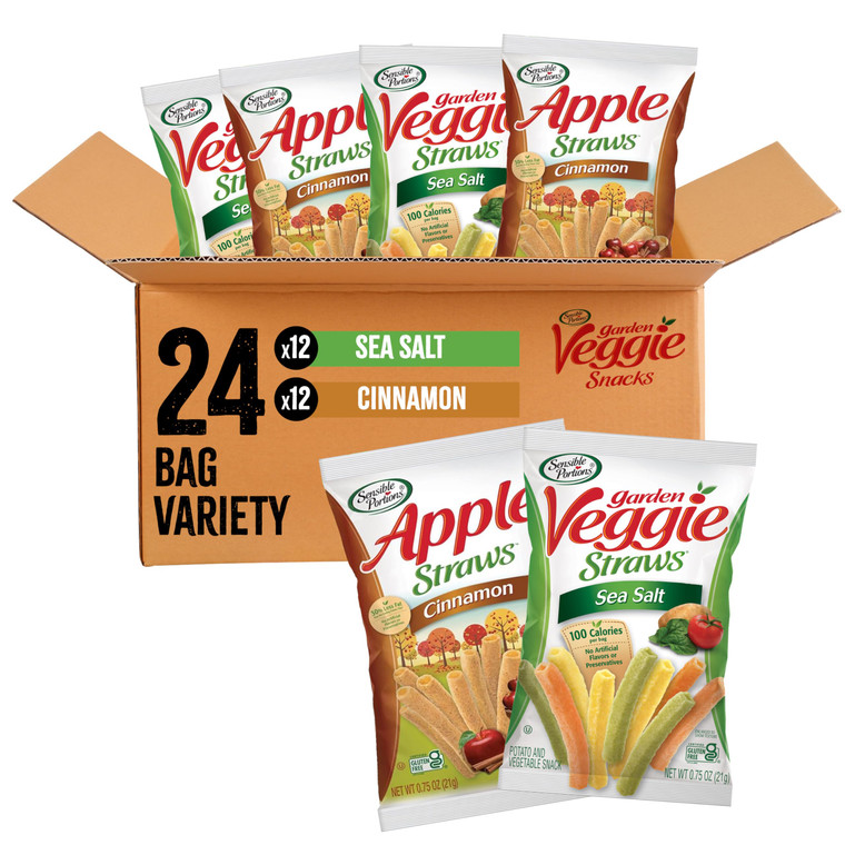 Sensible Portions Sweet & Salty Straws Variety Pack, Apple Straws and Sea Salt Veggie Straws, 0.75 oz Bag (Pack of 24)
