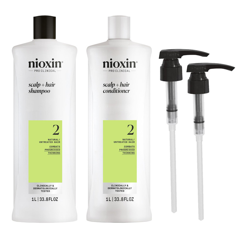 Nioxin System 2 Shampoo & Conditioner Prepack | For Natural or Untreated Hair with Progressed Thinning | With Niacinamide and Biotin | Pumps Included