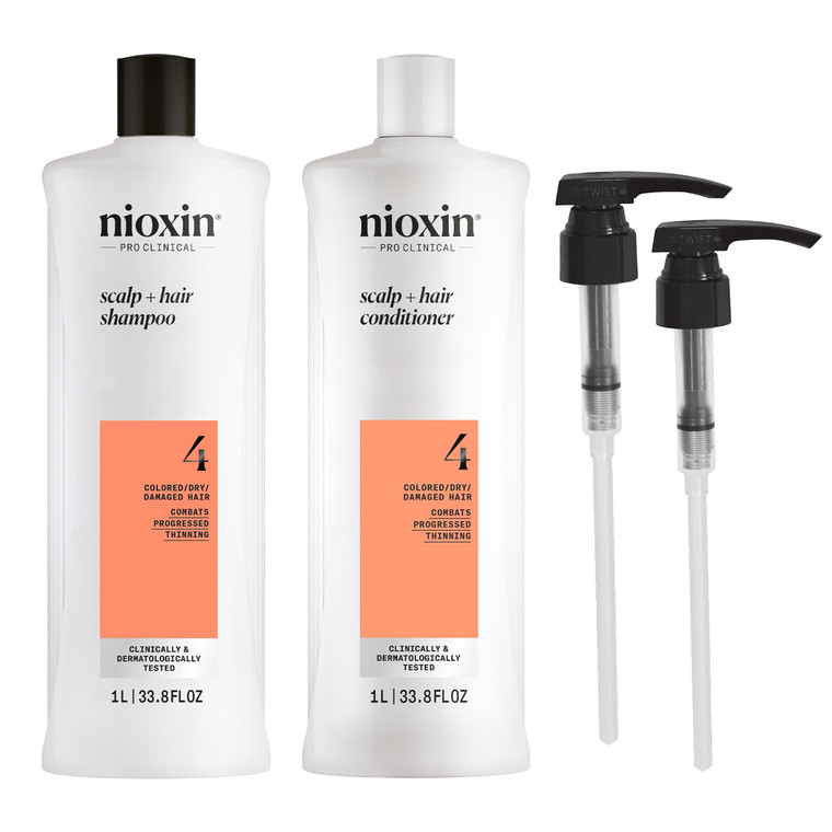 Nioxin System 4 Shampoo & Conditioner Prepack | For Color or Damaged Hair with Progressed Thinning | With Niacinamide and Biotin | Pumps Included | 3
