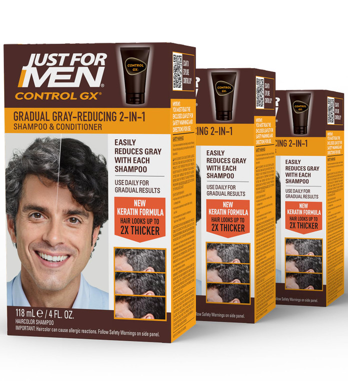 Just for Men Control GX Grey Reducing 2-in-1 Shampoo and Conditioner, Gradual Hair Color with Keratin for Stronger Thicker and Healthier Looking Hair