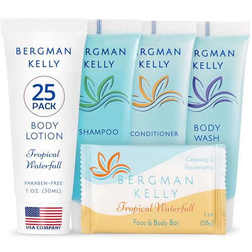 BERGMAN KELLY - Hotel Toiletries Bundle - Tropical Waterfall, 1 oz ea, 125 Pieces - 5-Piece Set: 25 ea Rectangular Bar Soap, Shampoo, Conditioner, Bo