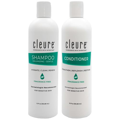 Cleure Shampoo and Conditioner Set Sulfate Free, Fragrance Free for Sensitive Skin - Volumizing Shampoo & Hydrating Conditioner (12 Oz each, Pack of