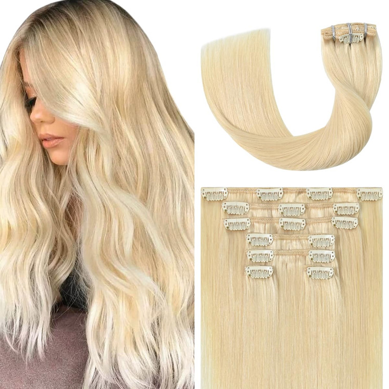 UGOTRAYS Platinum Blonde Clip in Hair Extensions - 20 Inch 70g 7pcs Platinum Blonde 100% Hair Extensions Real Human Hair Straight #60 Extensions Clip