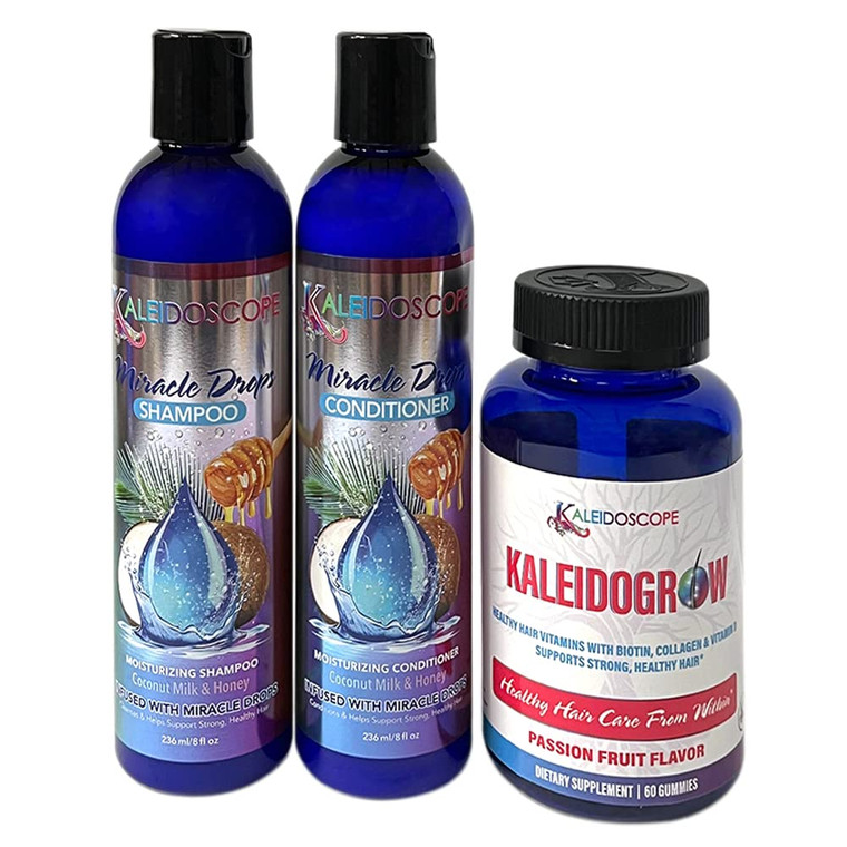 Kaleidoscope - Miracle Drops Shampoo, Conditioner & Kaleidogrow Vitamins Hair Care Styling Bundle 3 Pcs Set