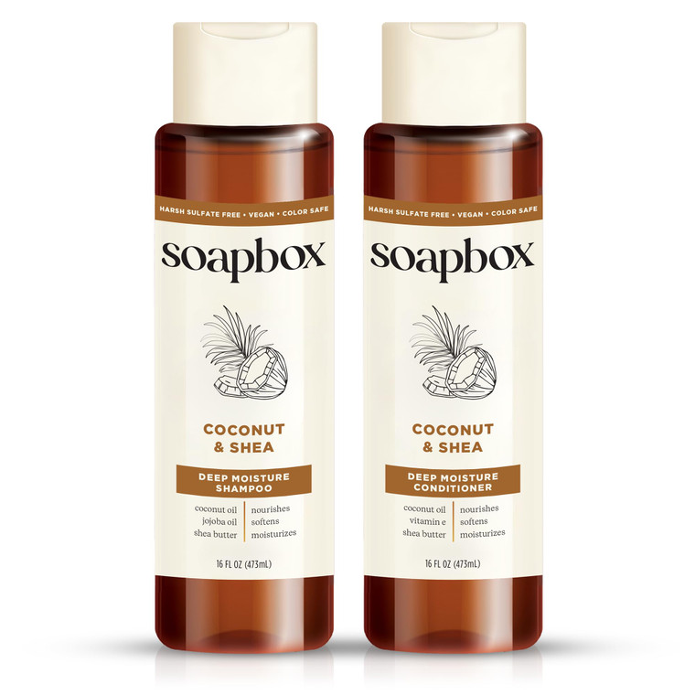 Soapbox Shampoo and Conditioner Set with Coconut Oil, Jojoba Oil, Aloe and Shea Butter to Moisturize and Nourish for All Hair Types, 16 Ounces Each (