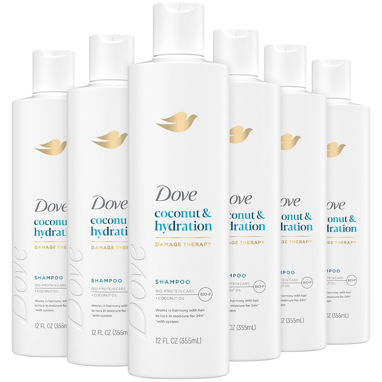 Dove Damage Therapy Shampoo 6-Pack, Coconut & Hydration, 24H Hydration for Revitalizing Dry, Damaged Hair, 12 Oz Ea