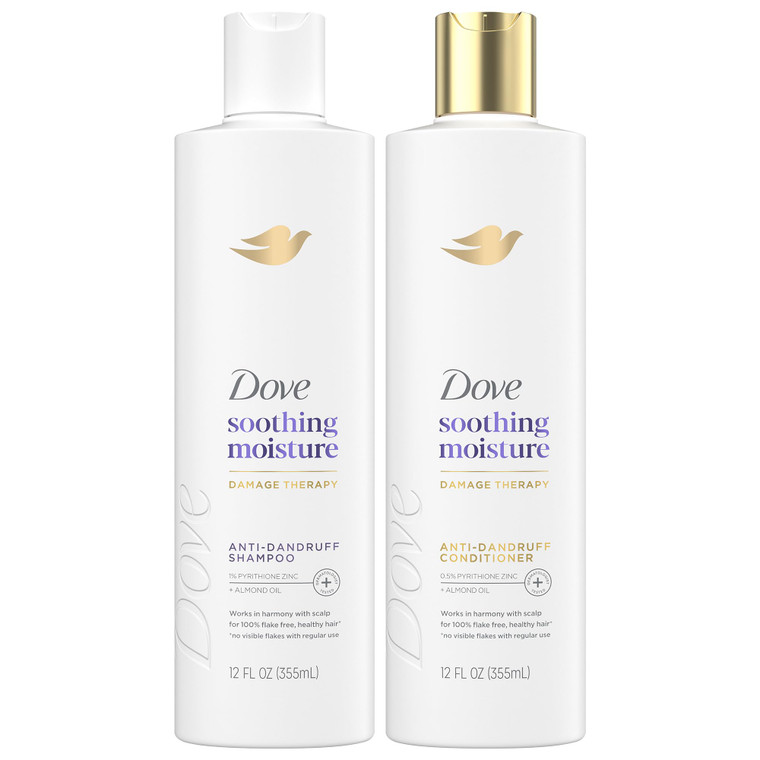 Dove Anti-Dandruff Shampoo and Conditioner Set  Soothing Moisture with Pyrithione Zinc + Sweet Almond Oil for Hair, 12 Oz Ea