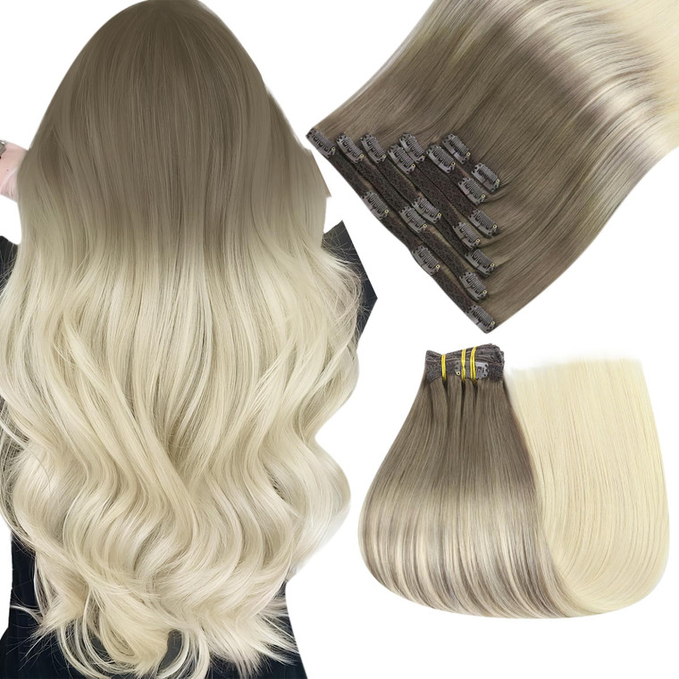 Easyouth 22 Inch Clip in Extensions Real Human Hair Ombre Extensions Clip in Human Hair Light Brown Ombre Platinum Blonde Soft and Smooth Human Hair