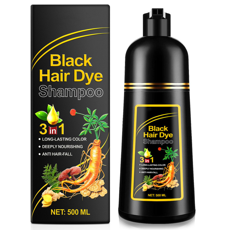 ALIVER Hair Dye Shampoo (Black) - 3-in-1 Natural Herbal Essence: Coloring, Nourishing, and Hair Growth Promoter - 500ml, Hypoallergenic and Harmless