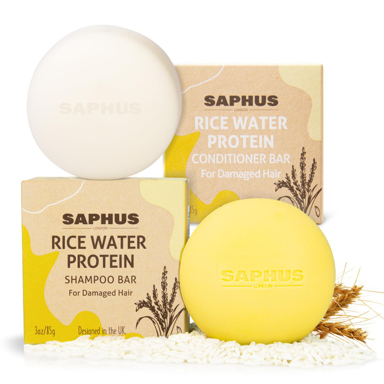 SAPHUS Rice Water Shampoo Bar & Argan Conditioner Bar Set  Strengthening & Nourishing Hair Care Duo for Fine or Weak Hair  Solid Shampoo and Condit