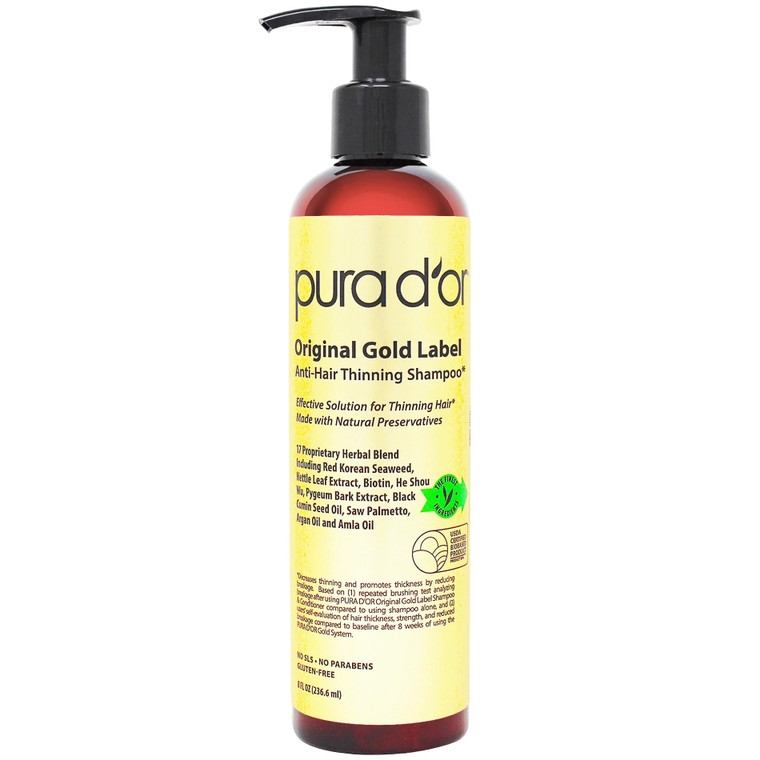 PURA D'OR 8 Oz Original Gold Label Anti-Thinning Biotin Shampoo Natural Earthy Scent, CLINICALLY TESTED Effective Results, Herbal Blend Hair Thickeni