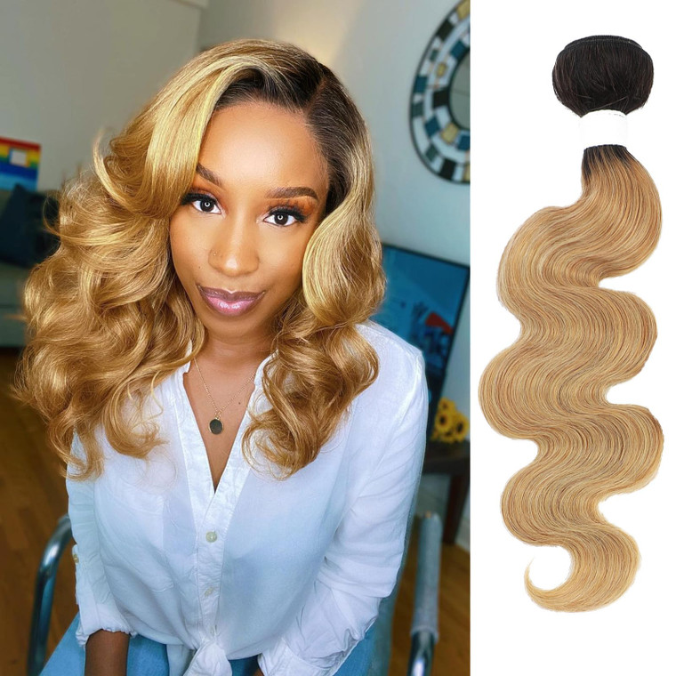 X-TRESS 1B/27 Honey Blonde Bundles - 10 Inch Body Wave Brazilian Hair Wig - Black to Blonde Ombre - Human Hair - For Women - Daily Party