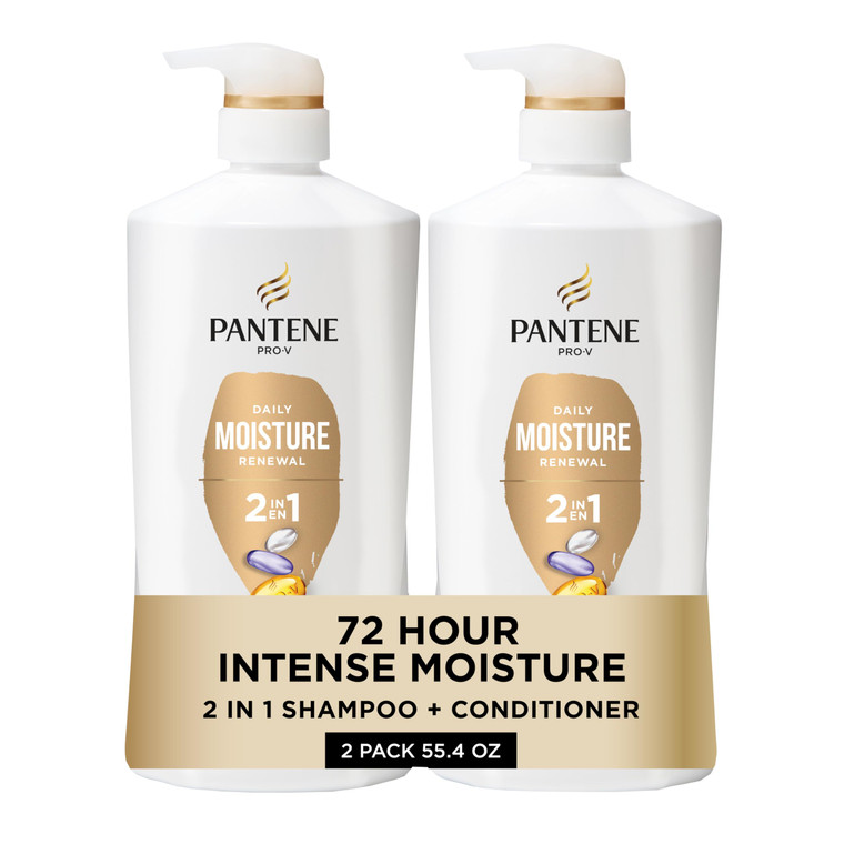 Pantene 2-in-1 Shampoo & Conditioner, Daily Moisture Renewal - Pro-V Nutrients for Dry, Color-Treated, Straight to Curly Hair, 72-Hour Hydration & So