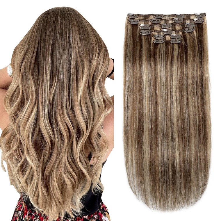 XDhair Clip In Hair Extensions Remy Human Hair 100g 6Pcs Medium Brown #4 Mixed to Caramel Blonde #27 Clip In Real Hair Extensions Silk Stright (#4P27