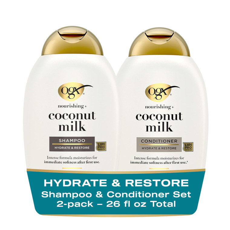 OGX Nourishing + Coconut Milk Sulfate Free Shampoo and Conditioner Set, Hydrates & Softens Hair, Lipi Pro Shield Technology, Creamy Coconut Milk Whit