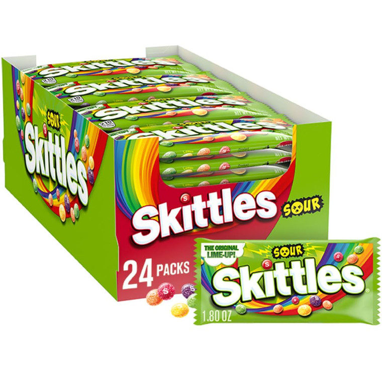 SKITTLES Sours Individually Wrapped Full Size Chewy Candy Packs, 24 Ct Bulk Box