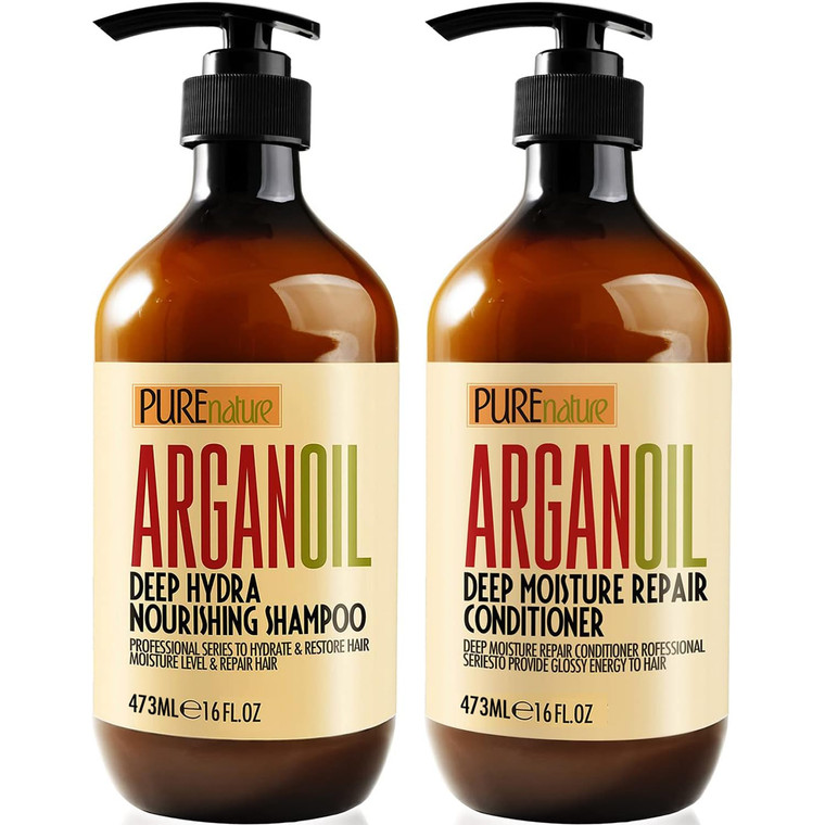 Argan Oil Shampoo and Conditioner Set - Sulfate Free Moroccan Care with Keratin - For Curly, Straight, Dry and Damaged Hair - Moisturizing, Hydrating