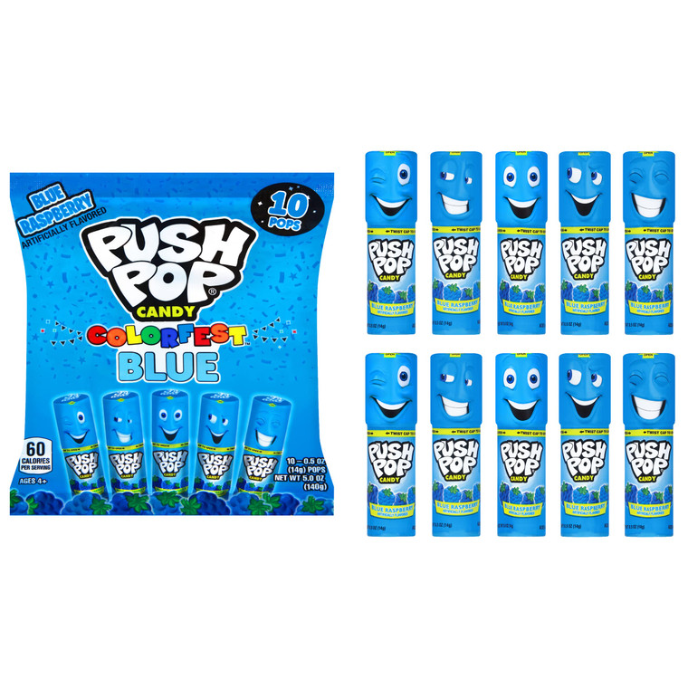 Push Pop Easter Blue Hard Candy Lollipops, 10 Ct Bulk Candy Individually Wrapped in Blue Raspberry Flavor, Lollipops For Easter Basket Stuffers, Part